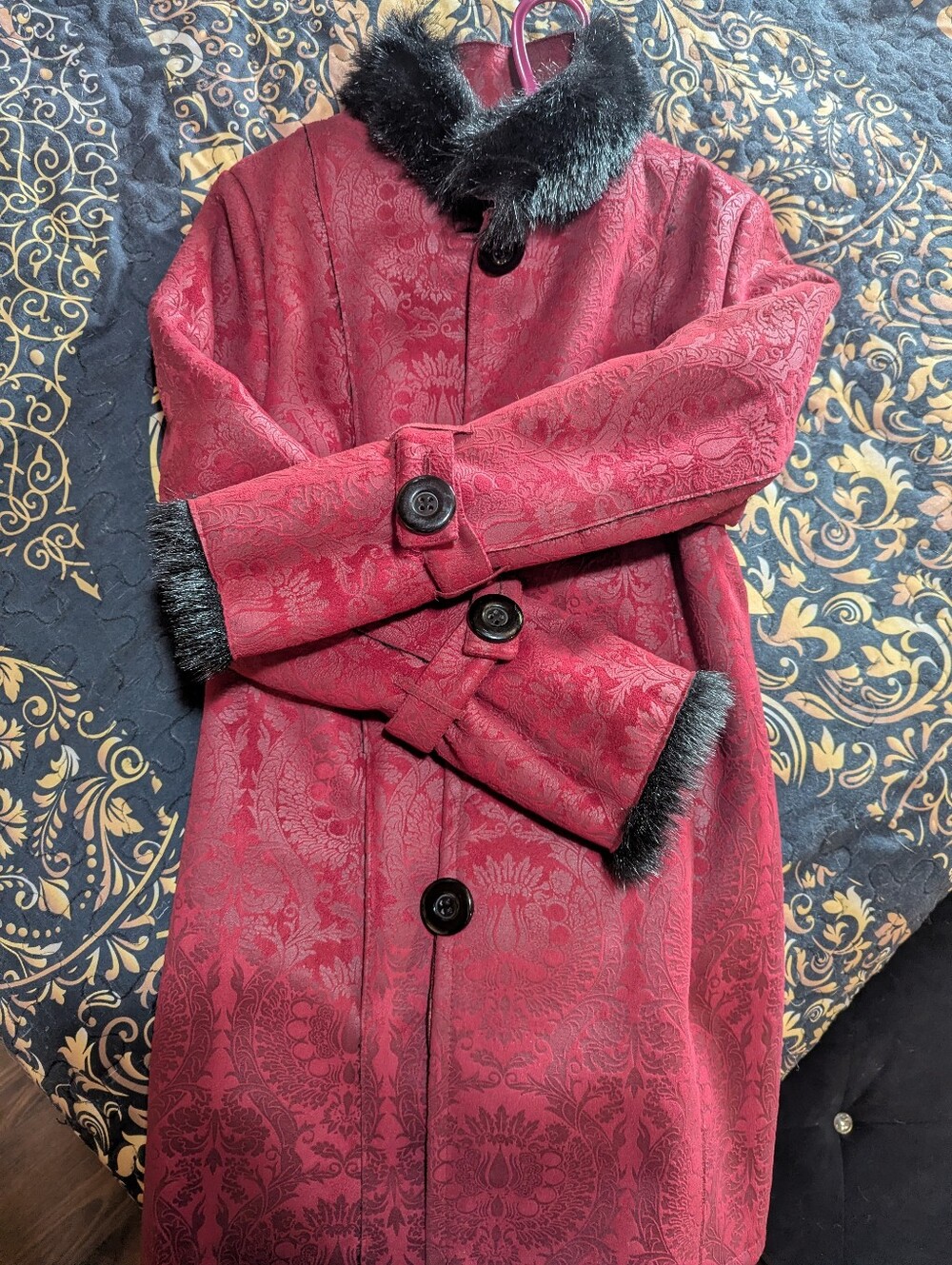 Red Suede Coat With Black Faux Fur Trim